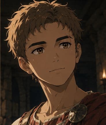 Carolus, a young Roman with short brown hair and a red cloak pinned at the shoulder