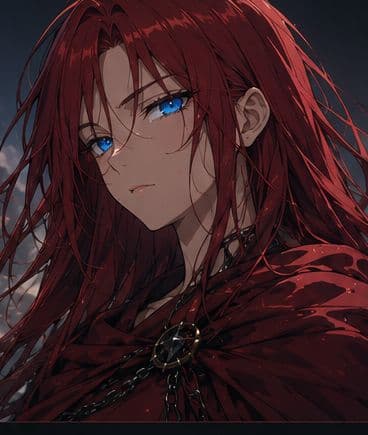 Egeria, a celestial with long red hair and blue eyes, in a dark red cloak