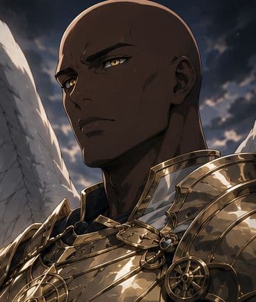 Elihu, a bald celestial with golden eyes, in gold armor before white wings