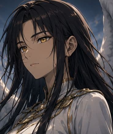 Telora, a celestial with long black hair and golden eyes, in white and gold