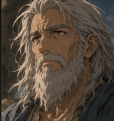 Yohanan, a very old man with a long white beard, looking upward